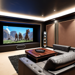 ** A luxurious home theater setup with a 7.1 surround sound system. Focus on the immersive experience: comfortable seating, large screen, and strategically placed speakers. The scene should convey high-quality audio and visual enjoyment. Think cinematic experience at home.

**