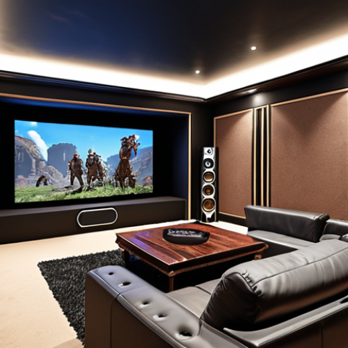 Home 24 ** A luxurious home theater setup with a 7.1 surround sound system. Focus on the immersive experience: comfortable seating, large screen, and strategically placed speakers. The scene should convey high-quality audio and visual enjoyment. Think cinematic experience at home.
**