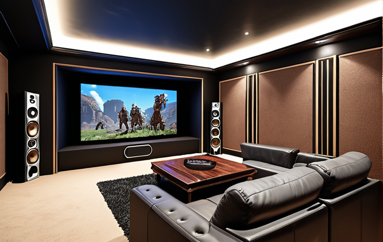 ** A luxurious home theater setup with a 7.1 surround sound system. Focus on the immersive experience: comfortable seating, large screen, and strategically placed speakers. The scene should convey high-quality audio and visual enjoyment. Think cinematic experience at home.

**