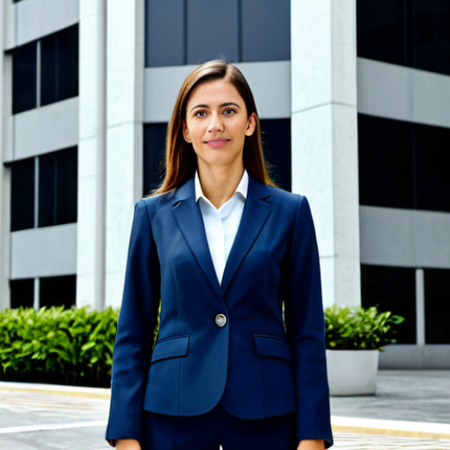 Home 22 **Prompt:** A professional businesswoman in a modest business suit, standing in front of a modern office building in São Paulo, Brazil, fully clothed, appropriate attire, safe for work, perfect anatomy, natural proportions, professional photography, high quality.