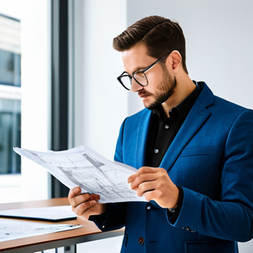 Home 13 **Subject:** A professional architect, fully clothed in a stylish but modest blazer and slacks, examining blueprints in a brightly lit, modern office space. Natural pose, perfect anatomy, well-formed hands. Safe for work, appropriate content, professional.