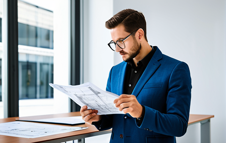 **Subject:** A professional architect, fully clothed in a stylish but modest blazer and slacks, examining blueprints in a brightly lit, modern office space. Natural pose, perfect anatomy, well-formed hands. Safe for work, appropriate content, professional.