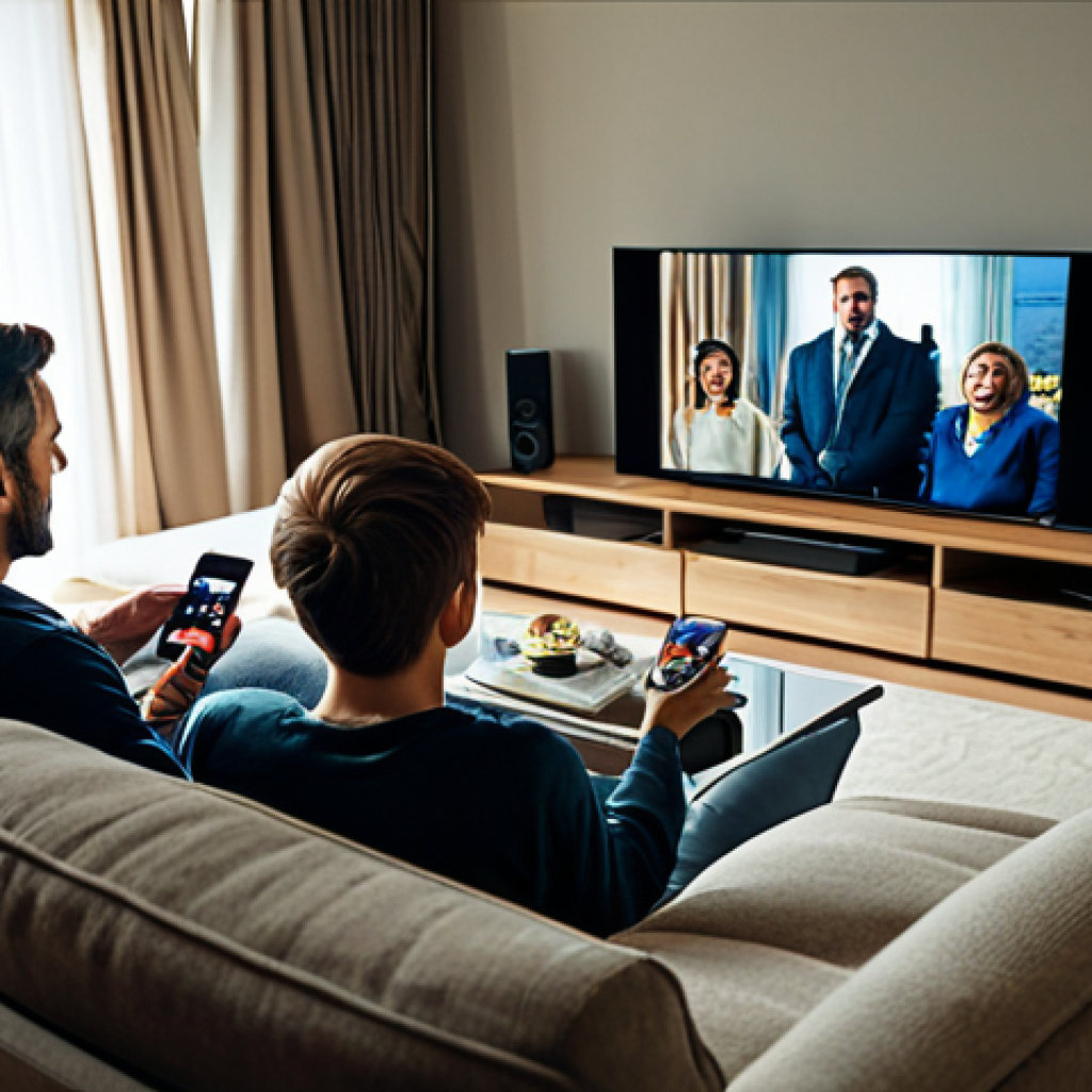 모바일 기기와 홈시어터 연결 - "A living room scene with a family watching a movie together on a smart TV. The father is holding a ...