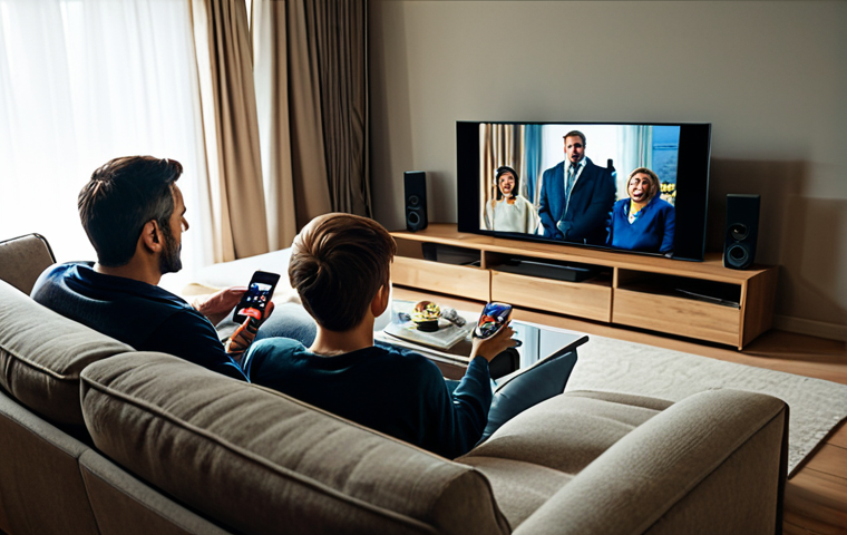 모바일 기기와 홈시어터 연결 - "A living room scene with a family watching a movie together on a smart TV. The father is holding a ...