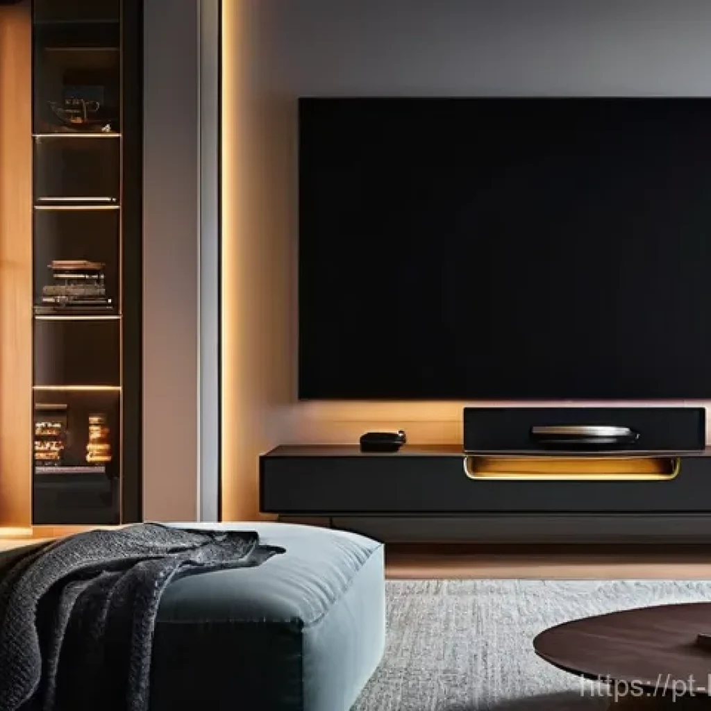 구글 홈 홈시어터 제어 - **Prompt:** A cozy and modern living room seamlessly transforming into a personalized home cinema wi...