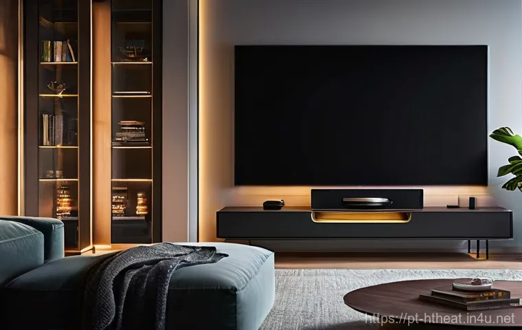 구글 홈 홈시어터 제어 - **Prompt:** A cozy and modern living room seamlessly transforming into a personalized home cinema wi...