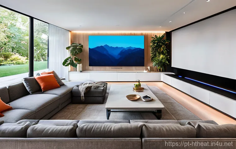 구글 홈 홈시어터 제어 - **Prompt:** A vibrant and contemporary living space where a person effortlessly controls multiple sm...