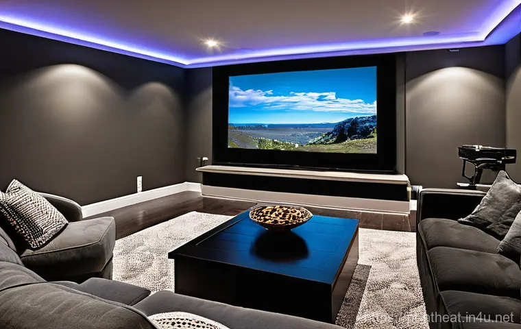 홈시어터 조명 최적화 - **Dynamic Home Theater for a High-Octane Action Film:**
    A vibrant and dynamic home theater room ...