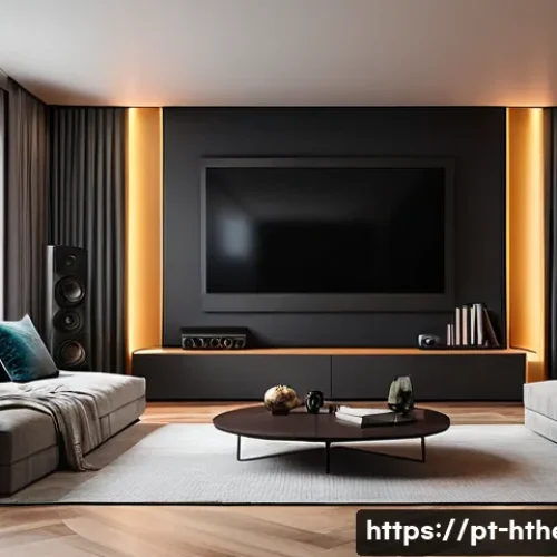 Home 30 홈시어터 스피커 배치 - A modern home theater setup in a cozy living room with front left and right speakers positioned at e...