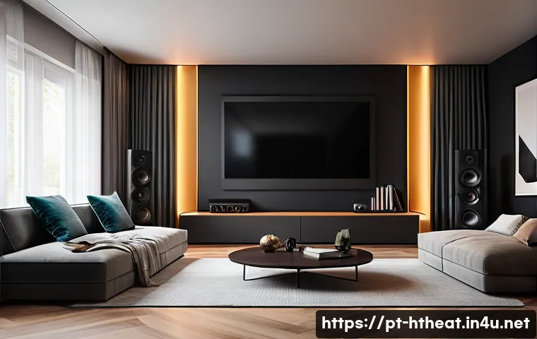 홈시어터 스피커 배치 - A modern home theater setup in a cozy living room with front left and right speakers positioned at e...
