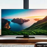Home 17 HDR10 vs 돌비 비전 - A modern living room scene showcasing a large, high-end smart TV displaying a vibrant nature documen...