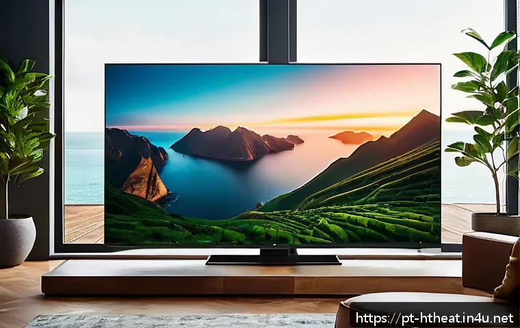 HDR10 vs 돌비 비전 - A modern living room scene showcasing a large, high-end smart TV displaying a vibrant nature documen...