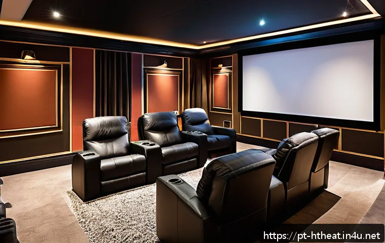 방음 처리 홈시어터룸 - A modern home theater room showcasing advanced acoustic insulation materials: thick rock wool insula...