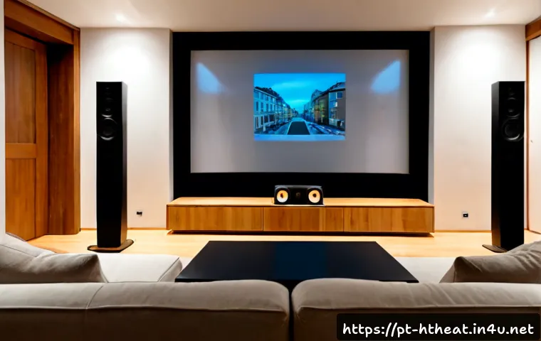 Home 17 하이파이 스피커 홈시어터 활용 - Photorealistic wide-angle view of a comfortable Portuguese family living room transformed into a hig...