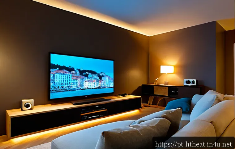 홈시어터 스트리밍 기기 추천 - Photorealistic modern Portuguese family living room at dusk, a large wall-mounted television showing...